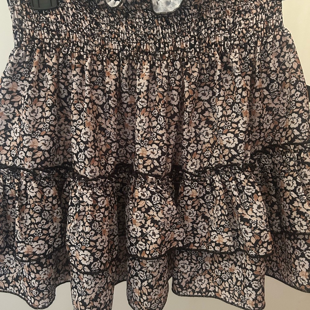 Altar'd State Black and Cream Floral Ruffle Mini Skirt